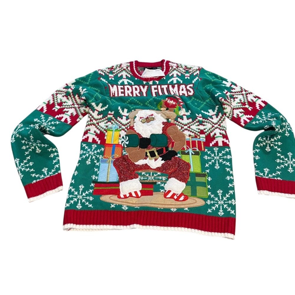 Blizzard‎ Bay Merry Fitmas Ugly Christmas Sweater Santa Lifting men’s size Small